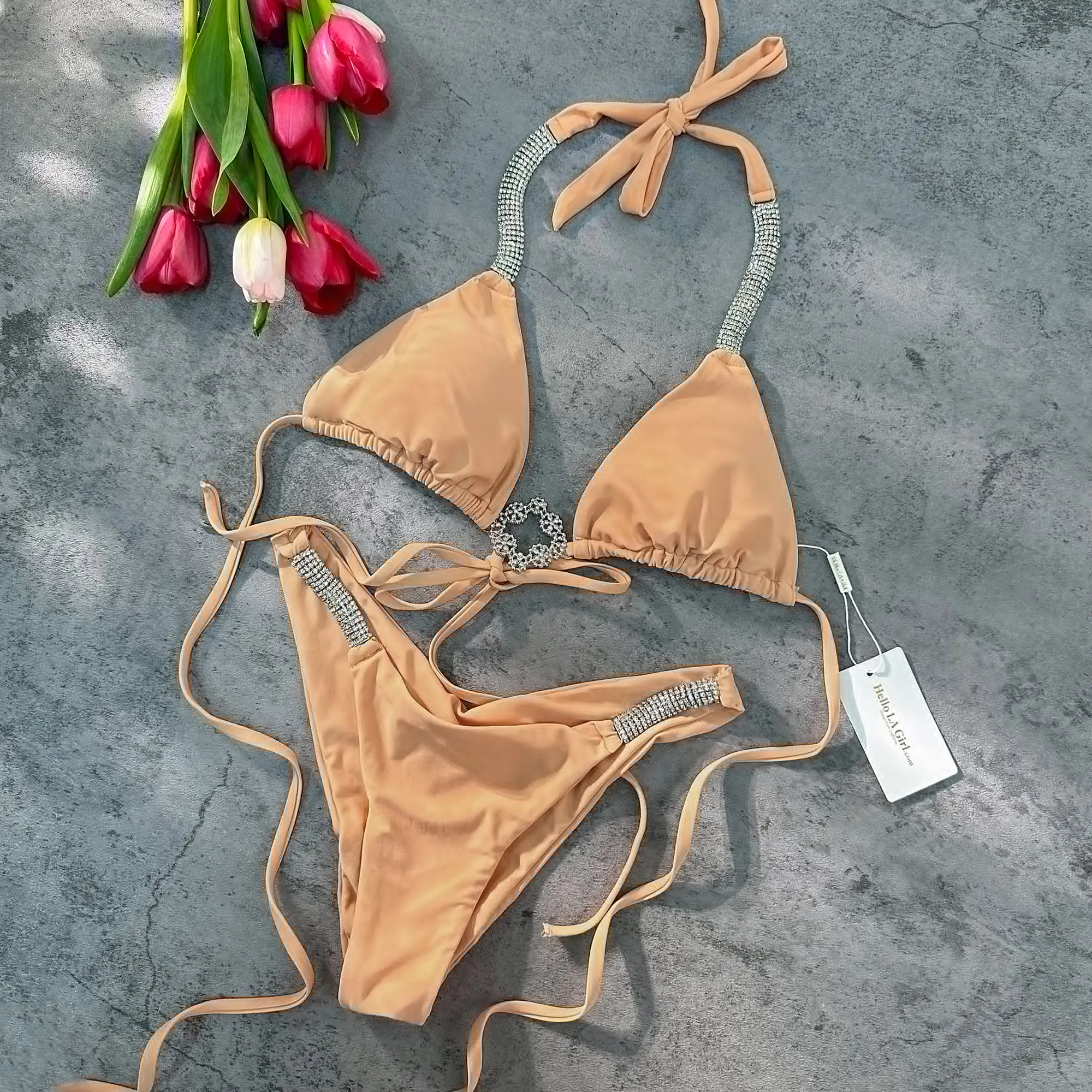 Apricot Luxury Rhinestone Ruched Bottom Solid Halter bikini Set