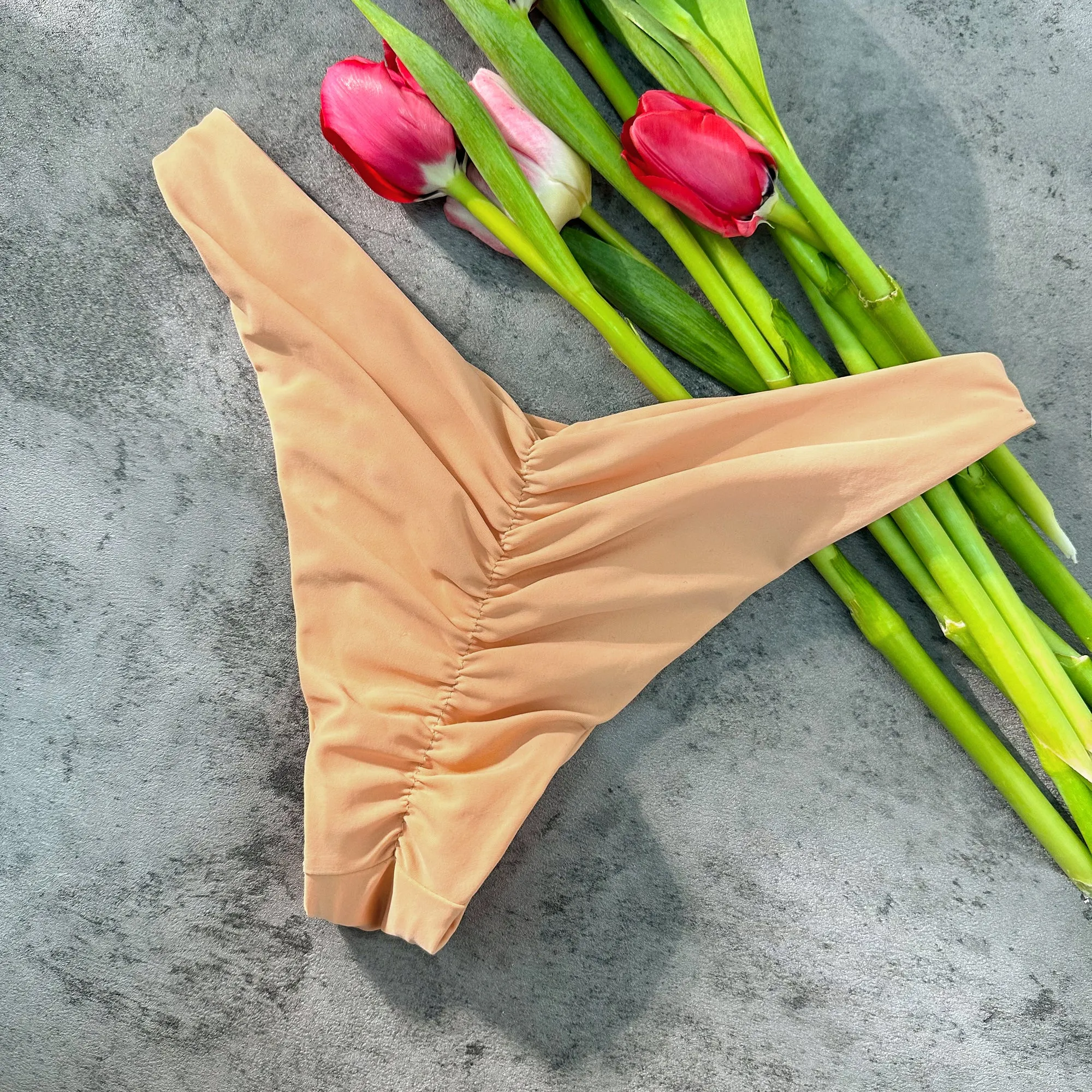 Apricot Luxury Rhinestone Ruched Bottom Solid Halter bikini Set