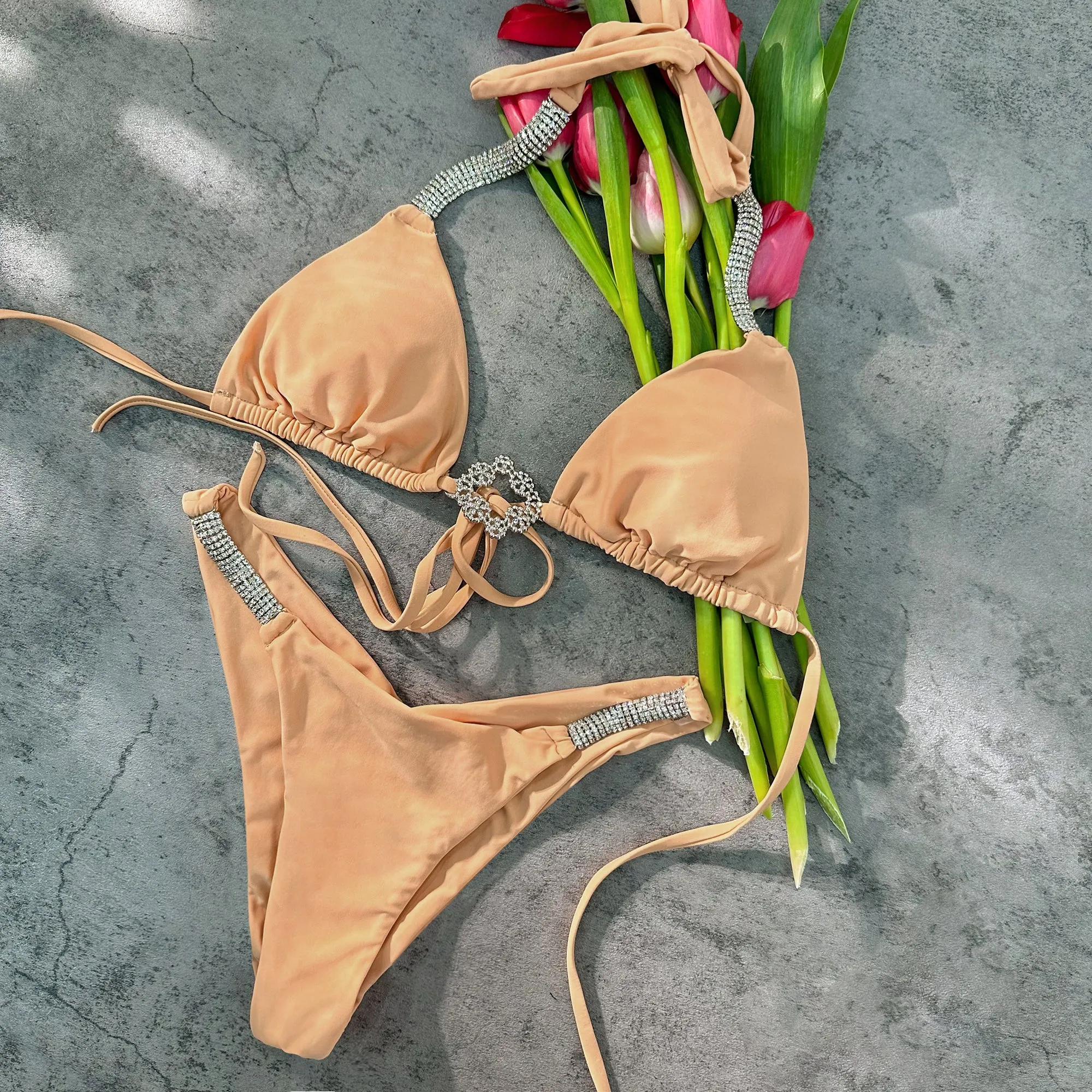 Apricot Luxury Rhinestone Ruched Bottom Solid Halter bikini Set