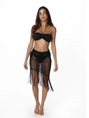 Asymmetrical fringe fishnet skirt