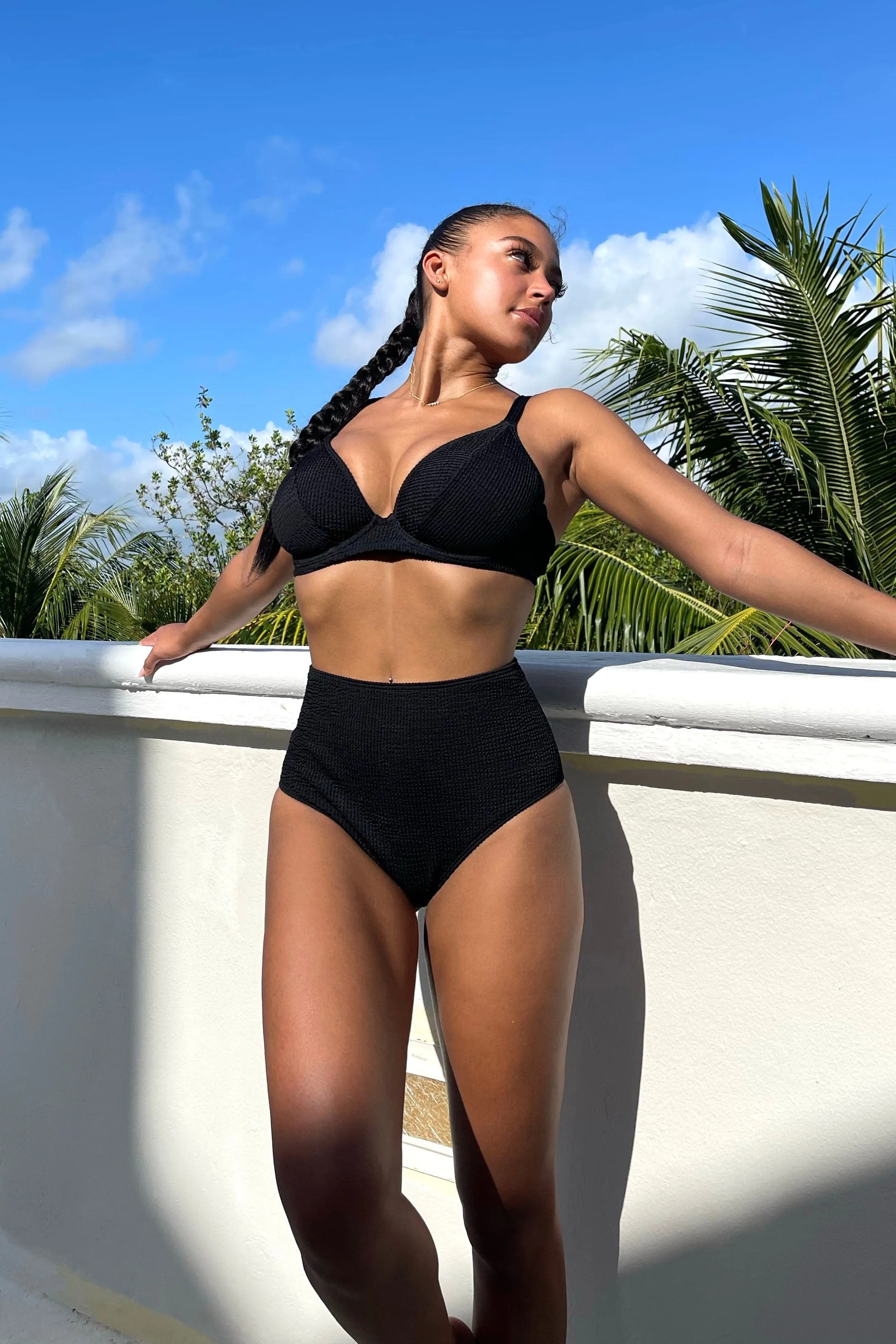 Black Textured Wired Plunge Bikini Top