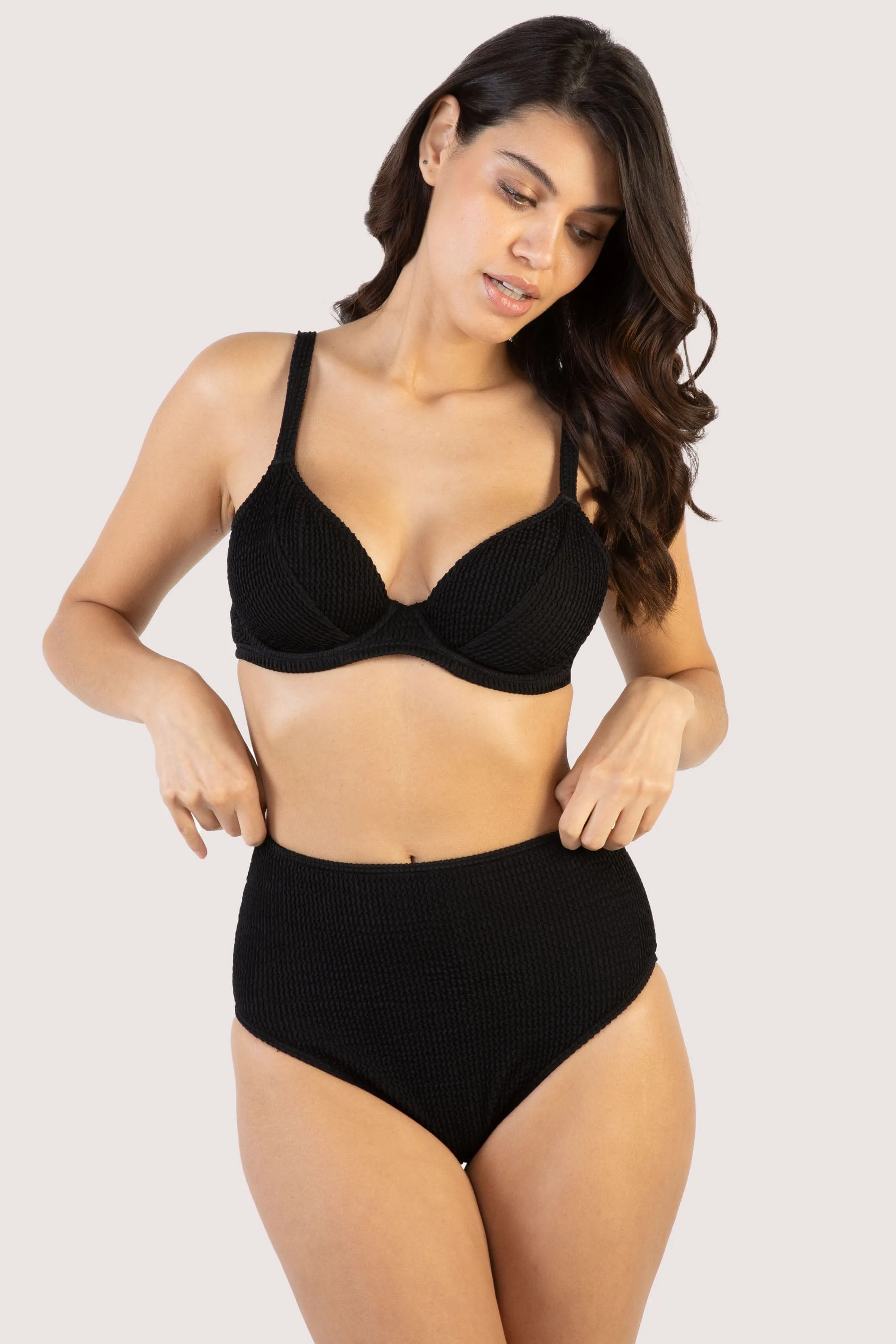 Black Textured Wired Plunge Bikini Top