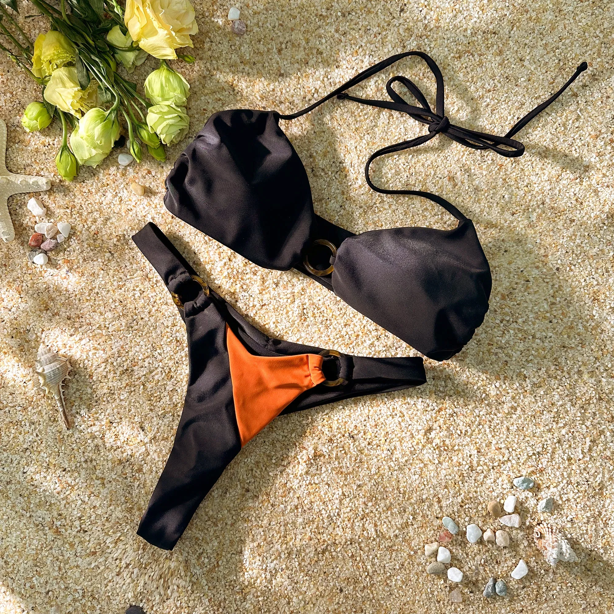 Black/green two-fabric color-block halter bikini set