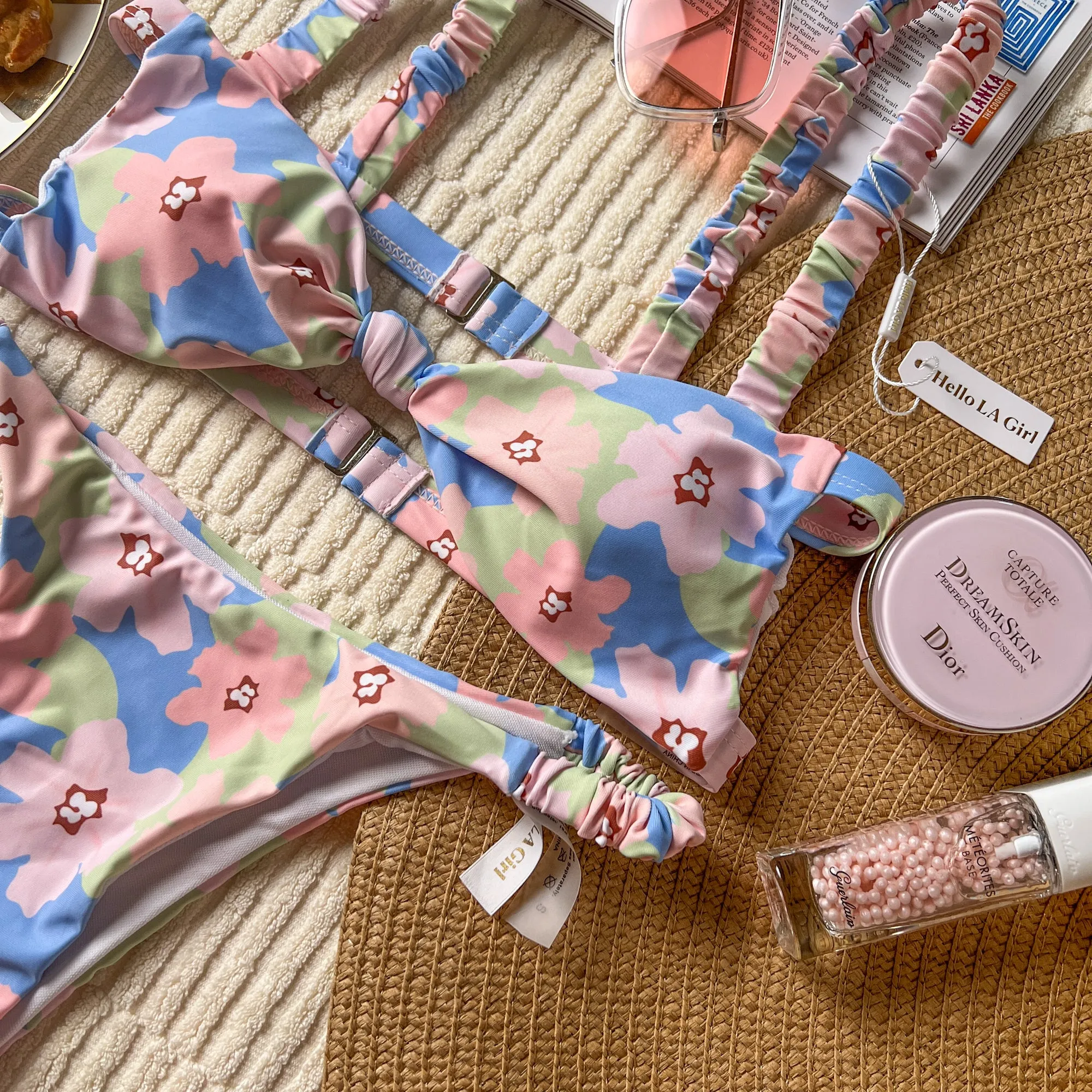 Blue Floral Print Bandeau Bikini Set