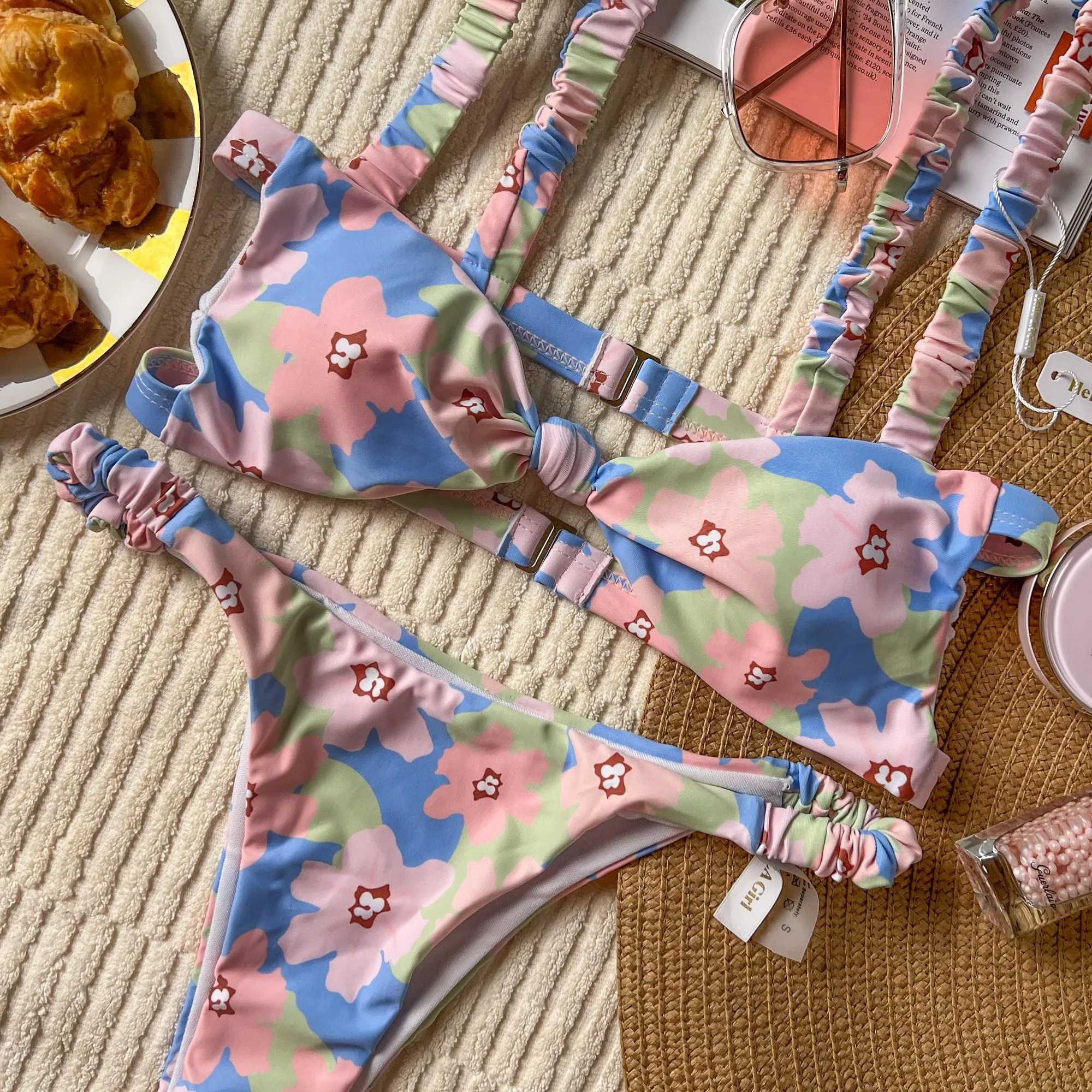 Blue Floral Print Bandeau Bikini Set