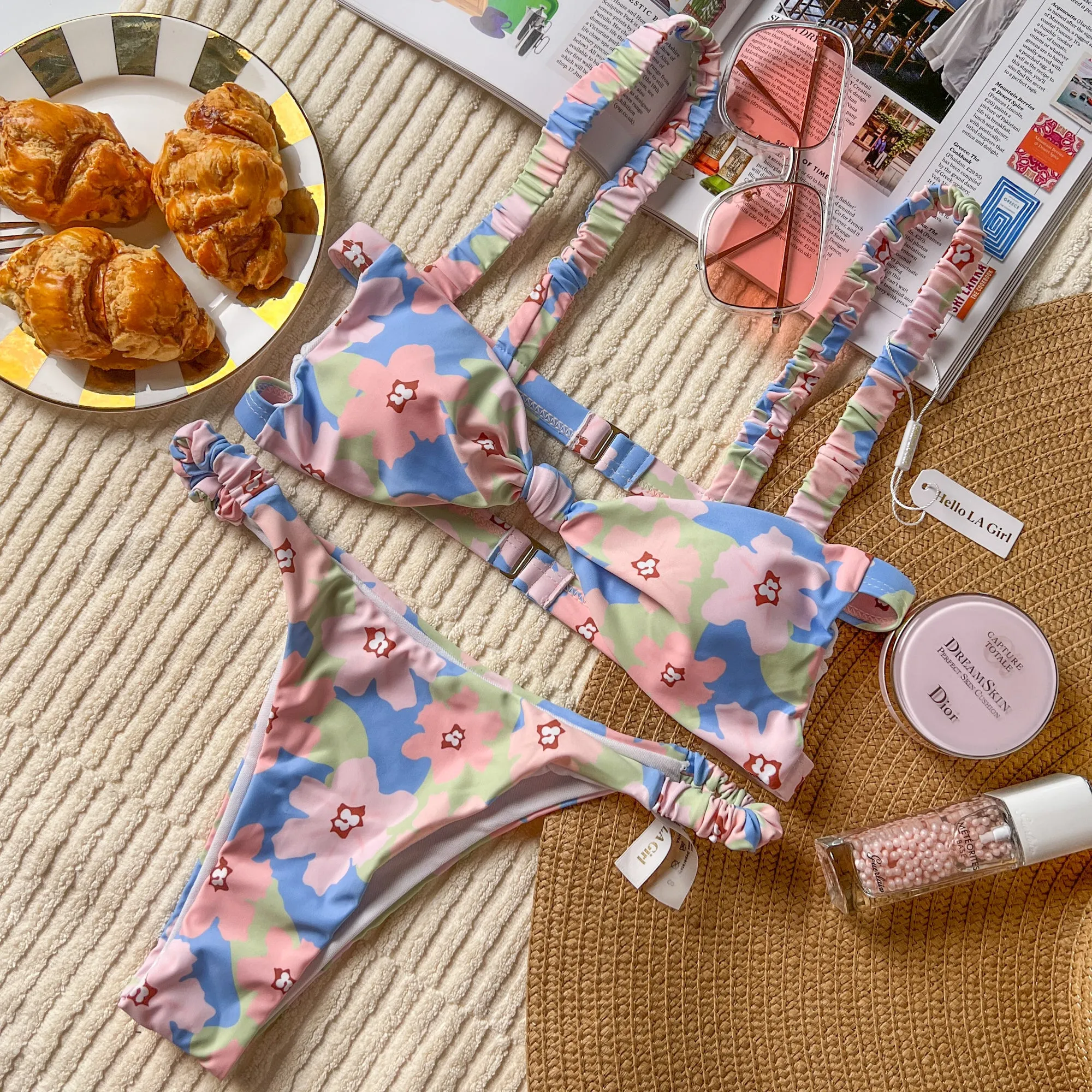 Blue Floral Print Bandeau Bikini Set