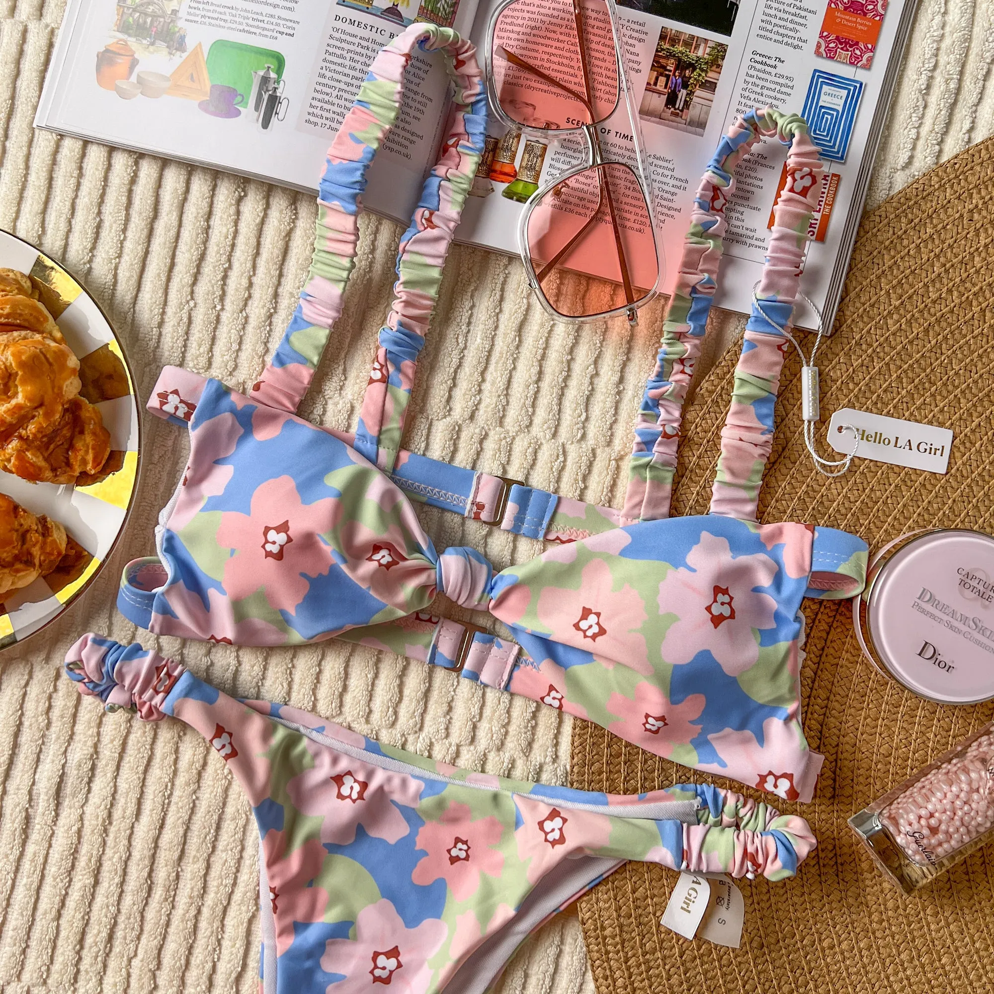 Blue Floral Print Bandeau Bikini Set
