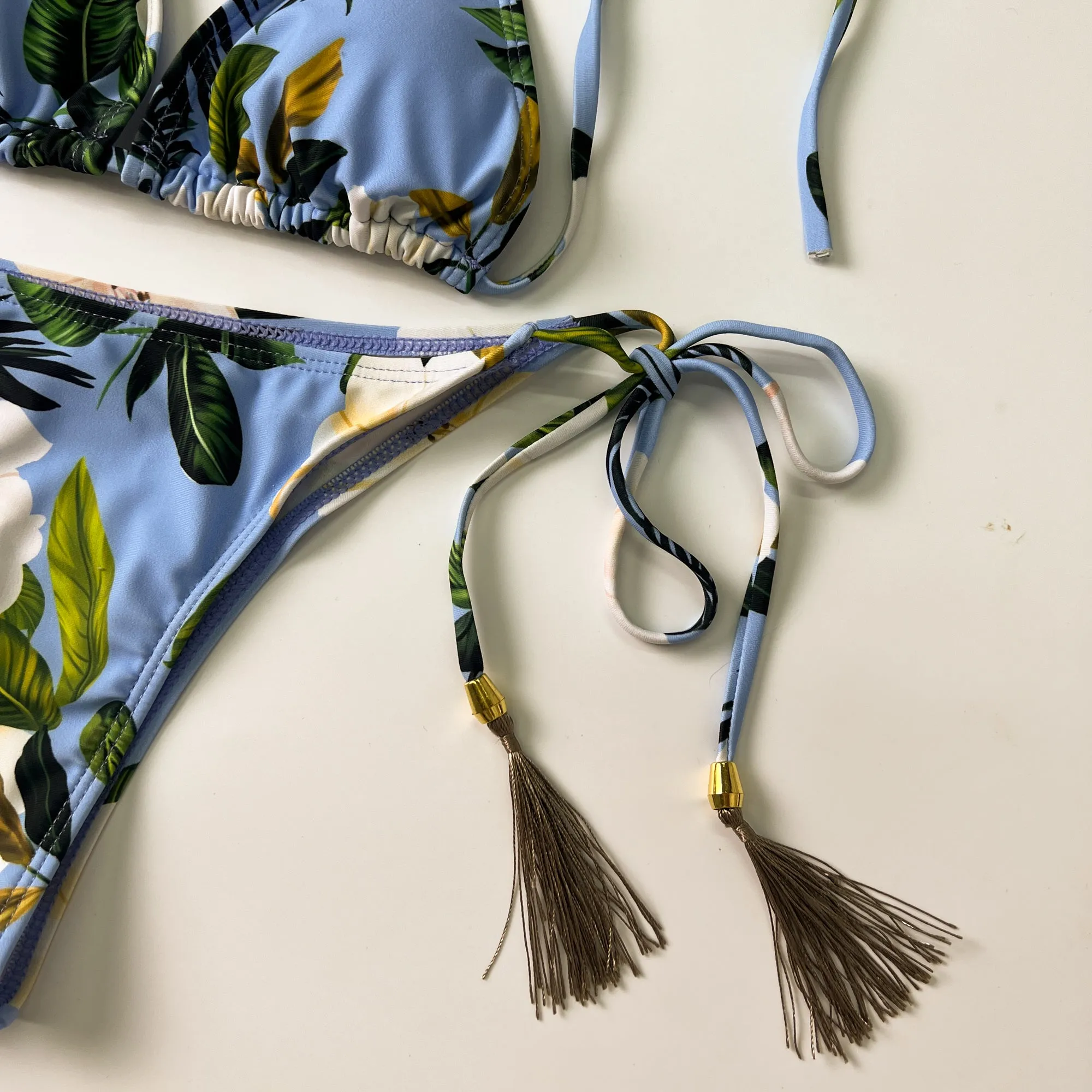 Blue Floral Print Lace Up Bikini Set