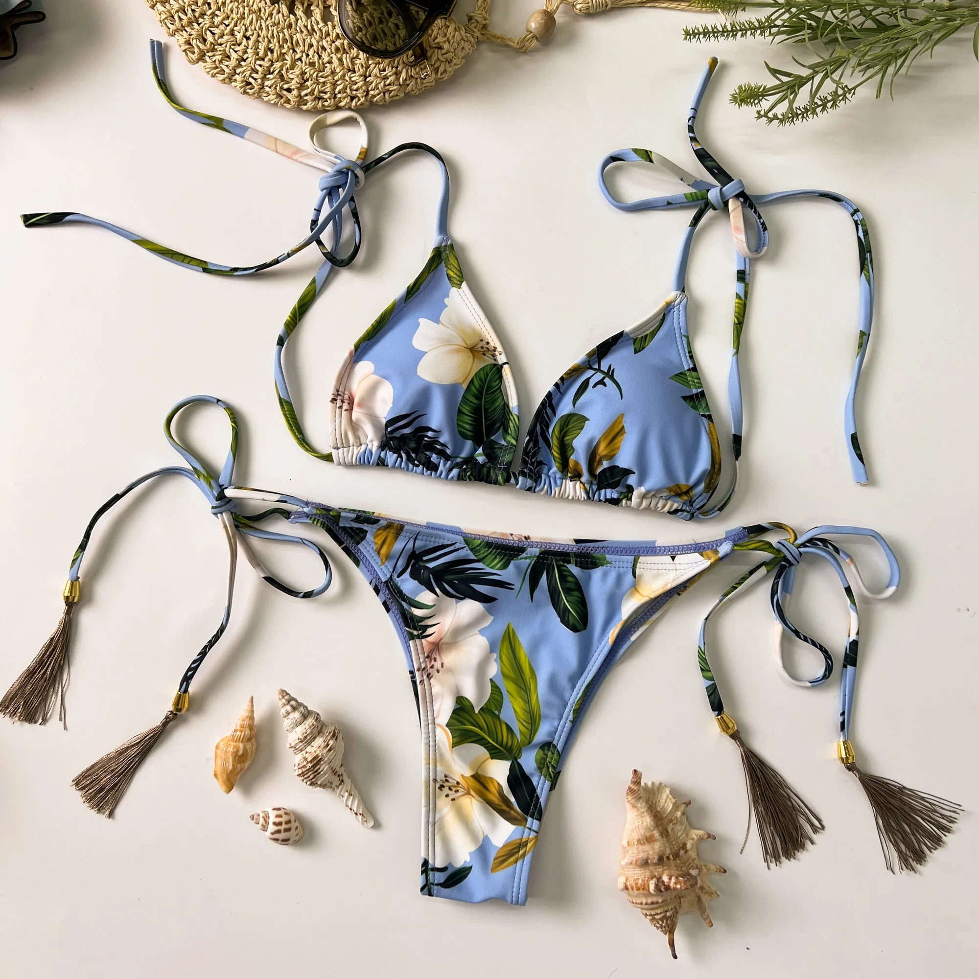 Blue Floral Print Lace Up Bikini Set