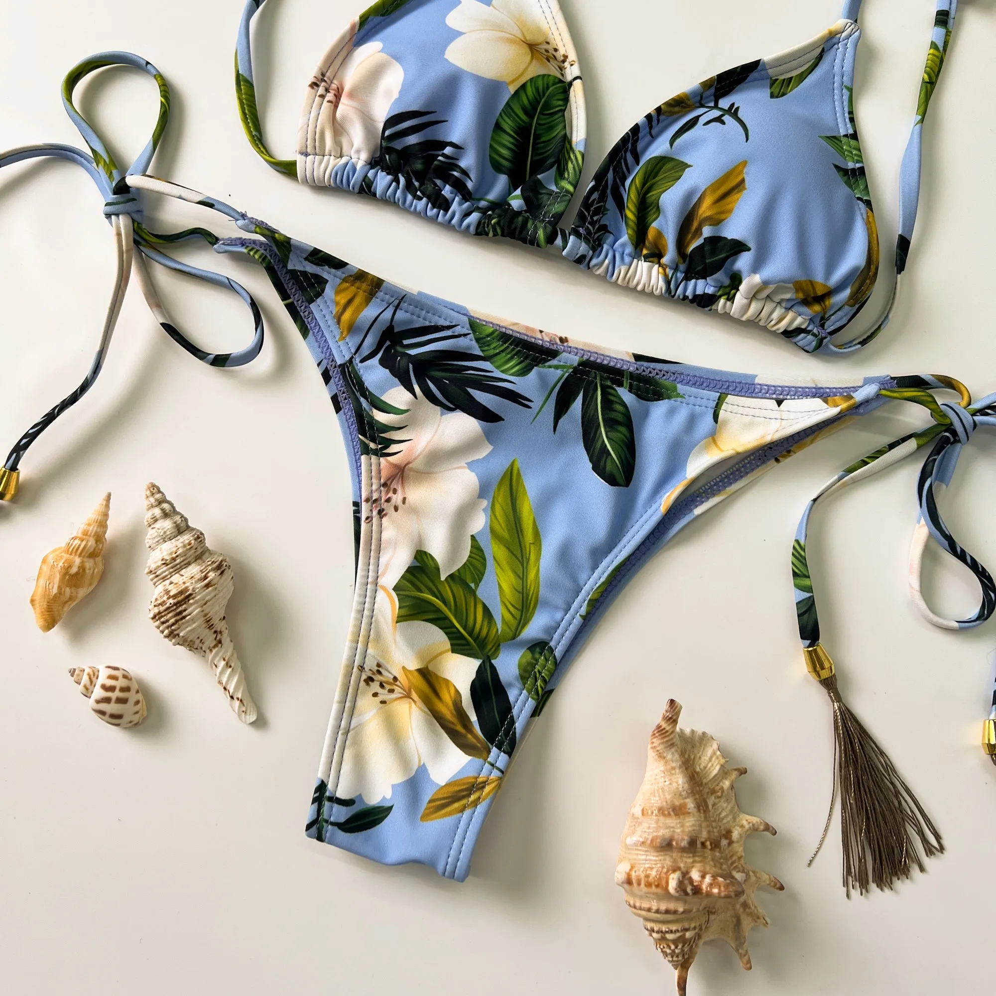 Blue Floral Print Lace Up Bikini Set