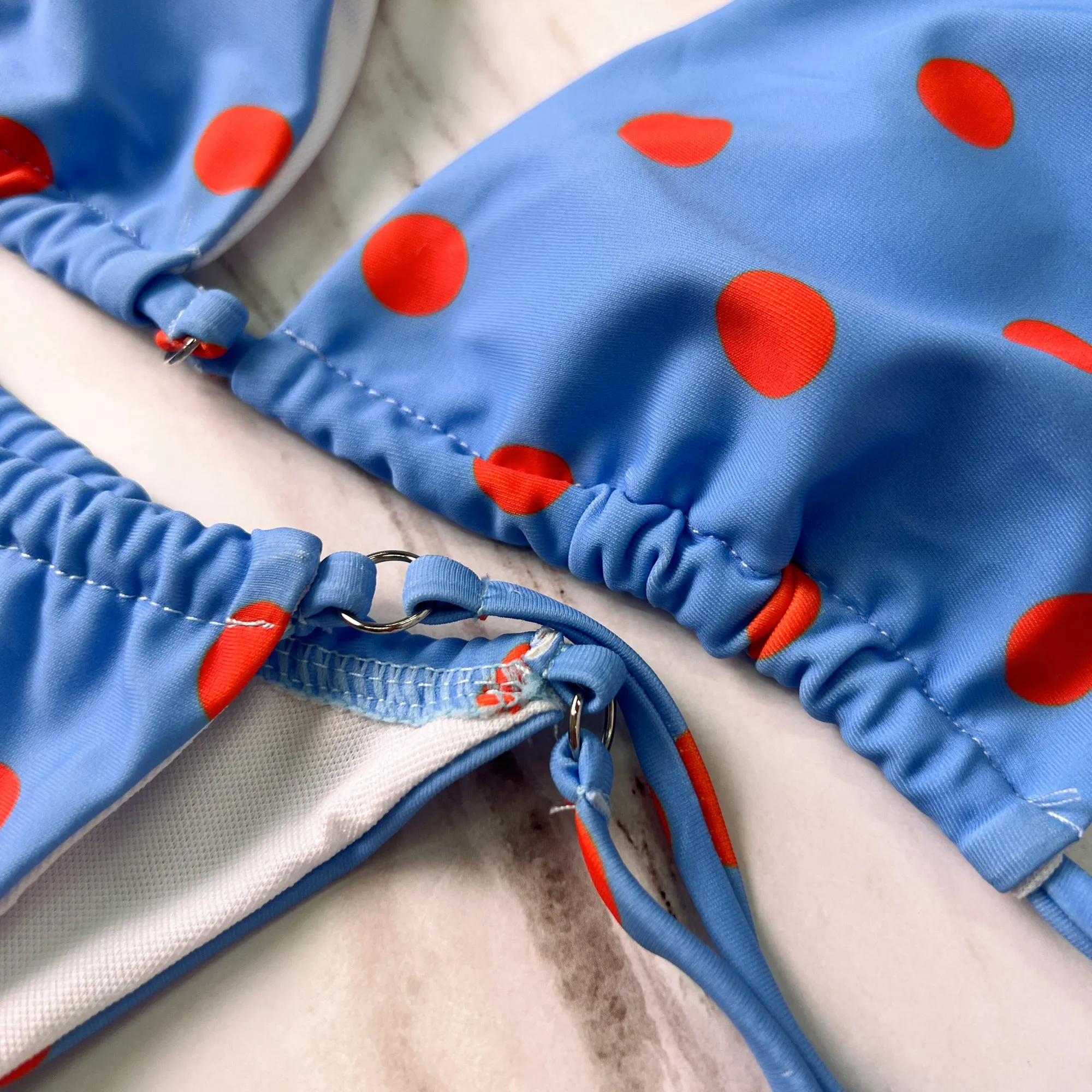 Blue Polka Dot Lace Up Bikini Set