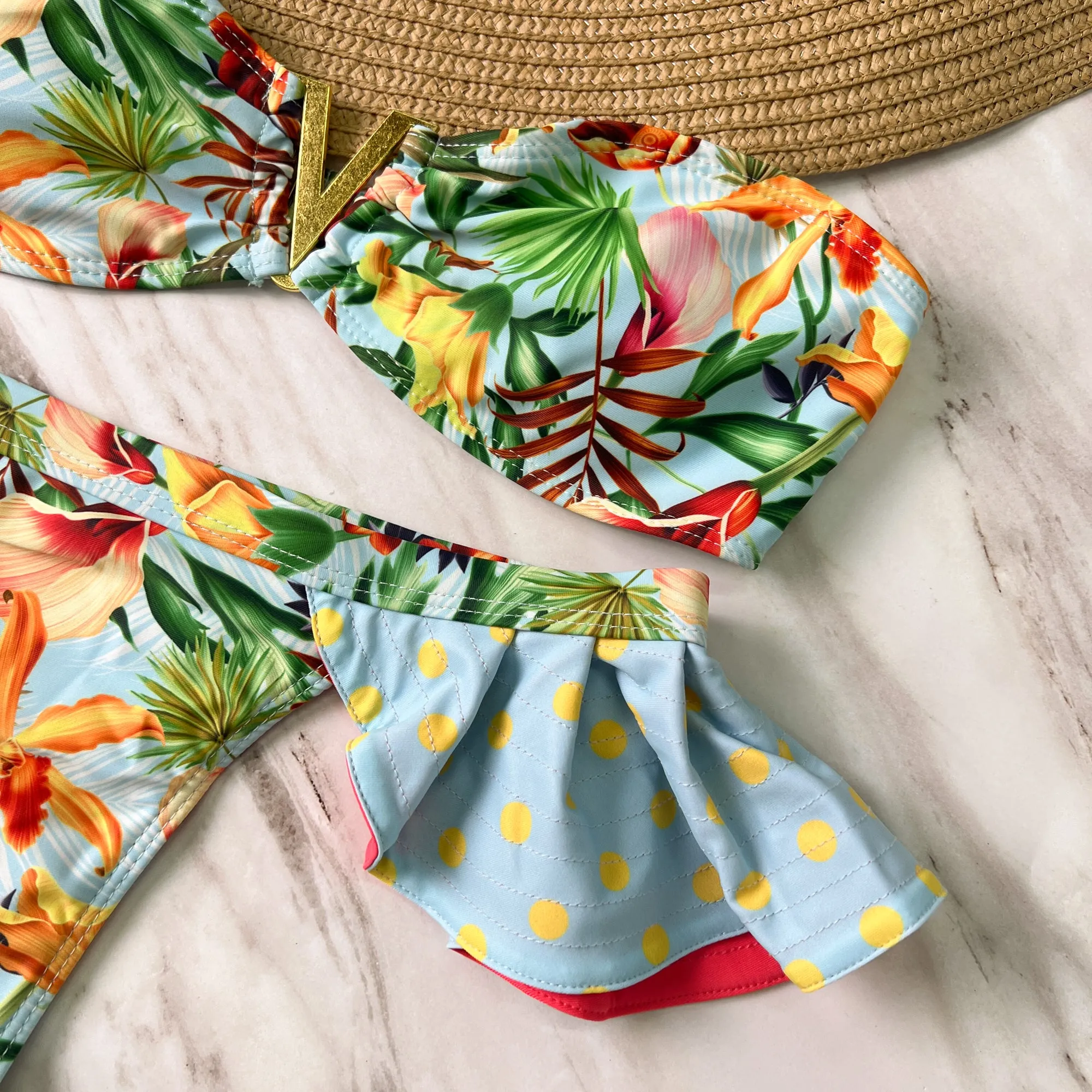 Blue Tropical One Shoulder Ruffle Bikini Set
