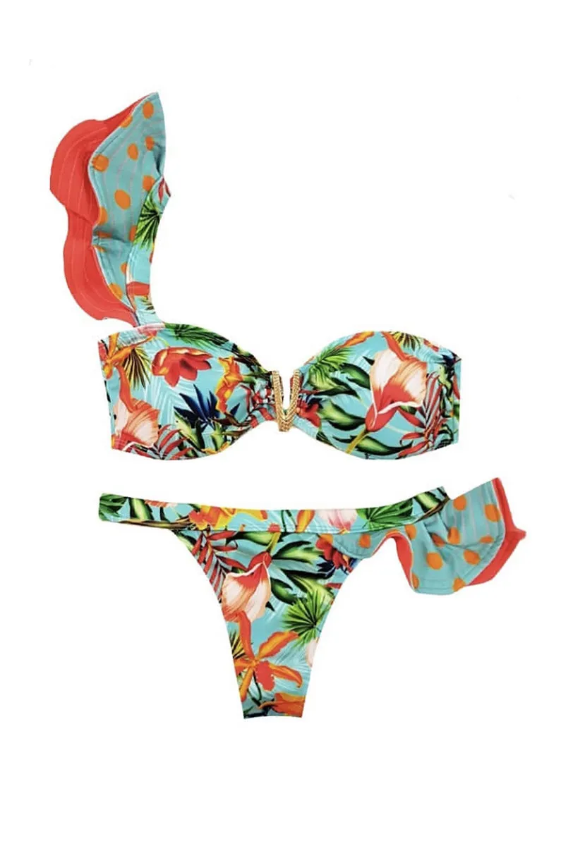 Blue Tropical One Shoulder Ruffle Bikini Set