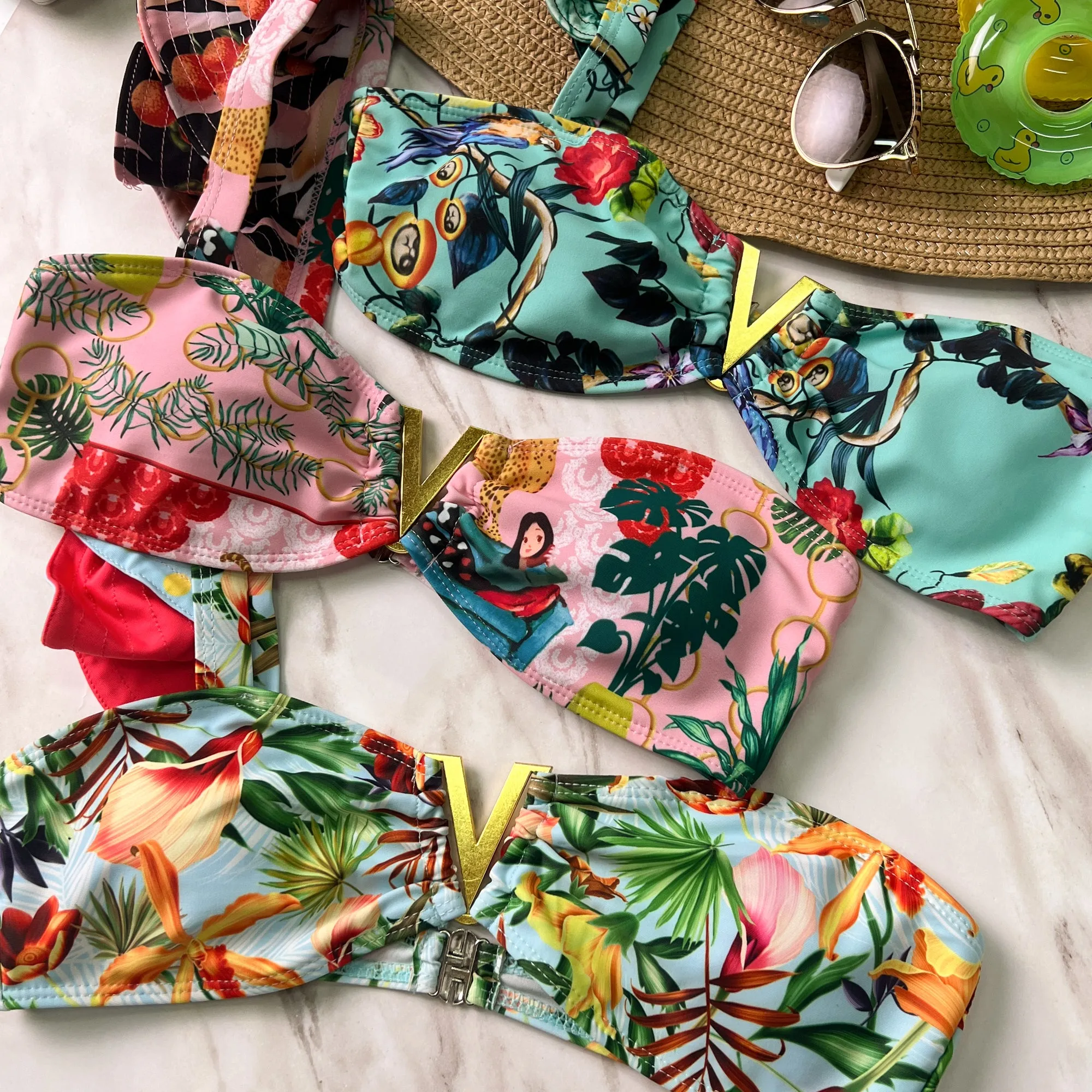 Blue Tropical One Shoulder Ruffle Bikini Set