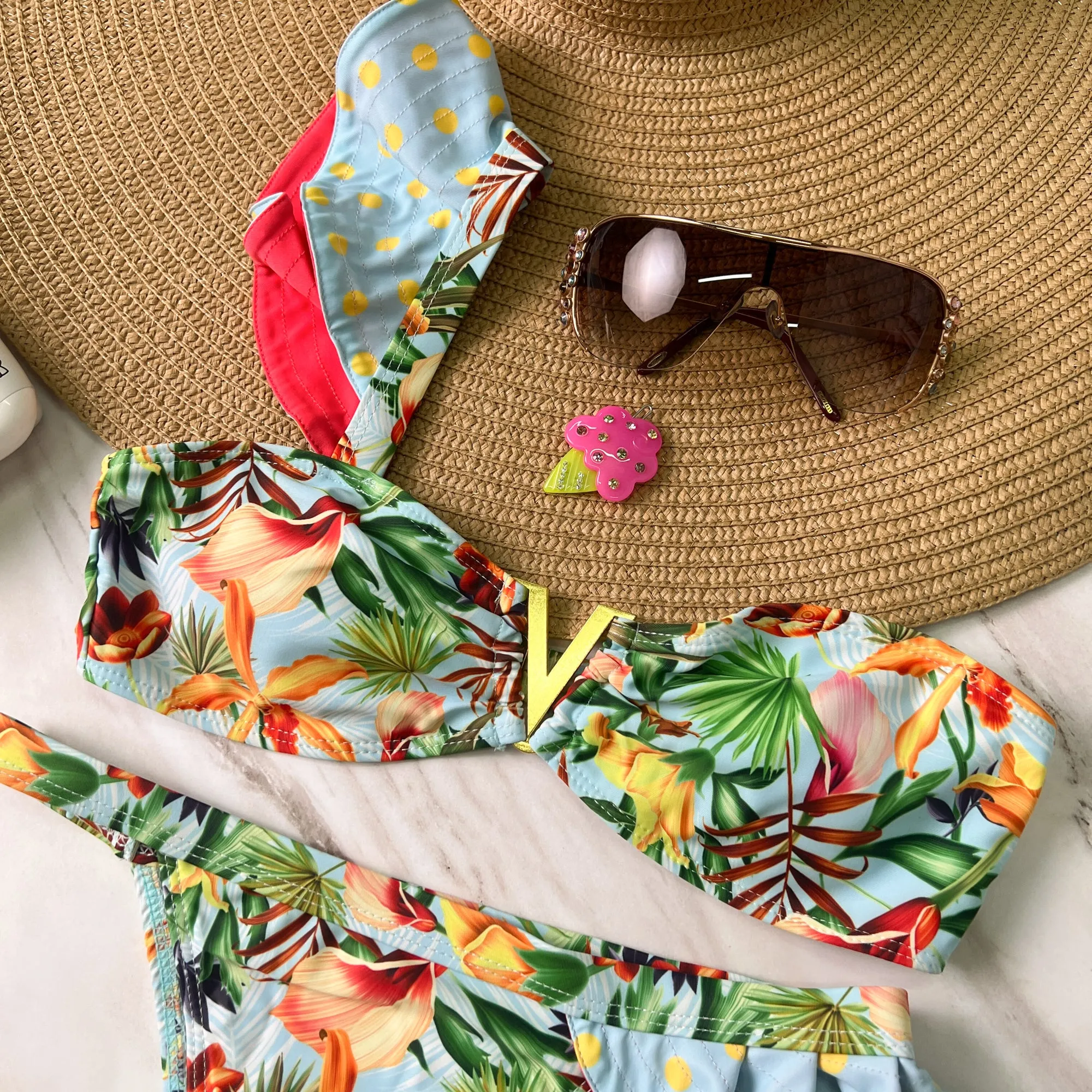 Blue Tropical One Shoulder Ruffle Bikini Set