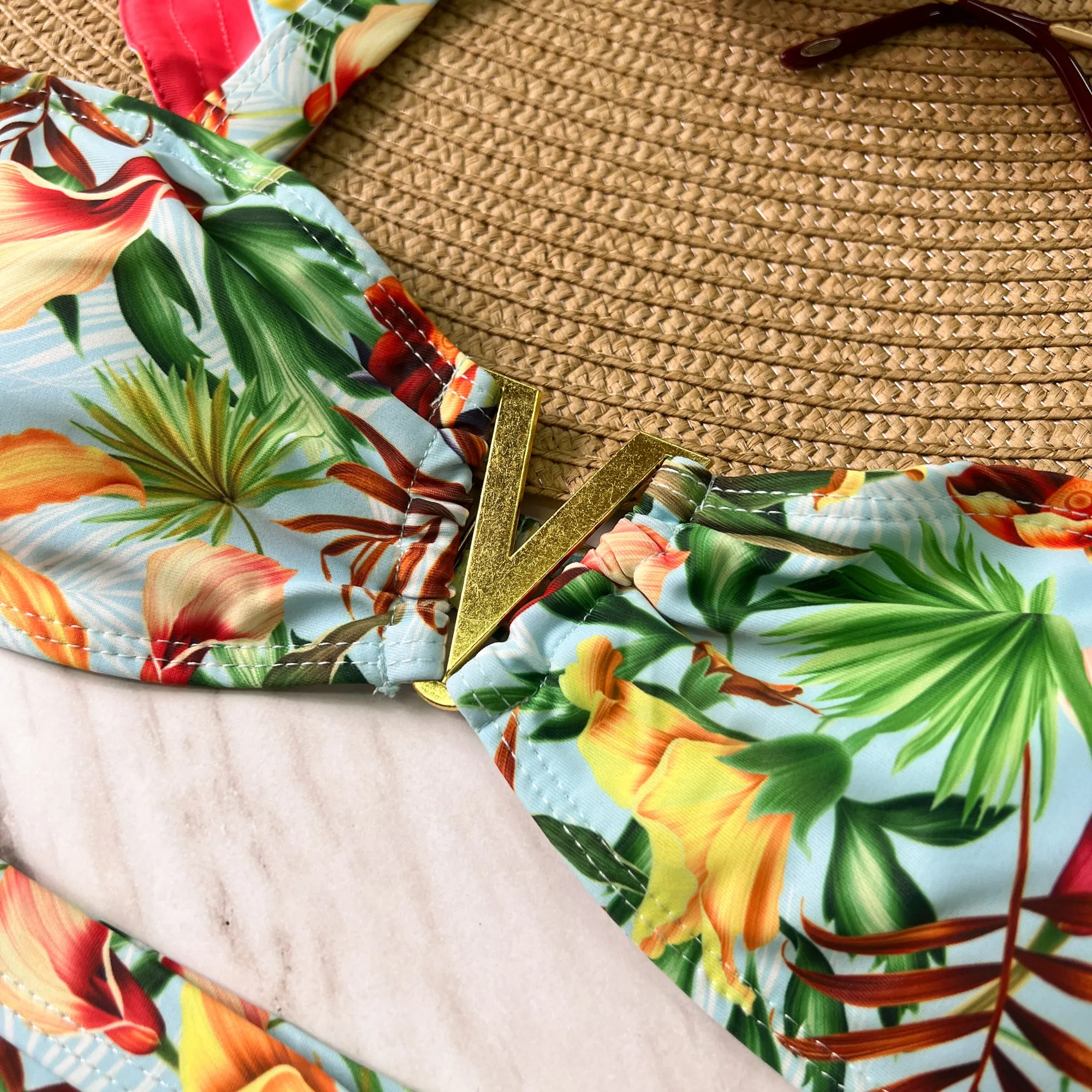 Blue Tropical One Shoulder Ruffle Bikini Set