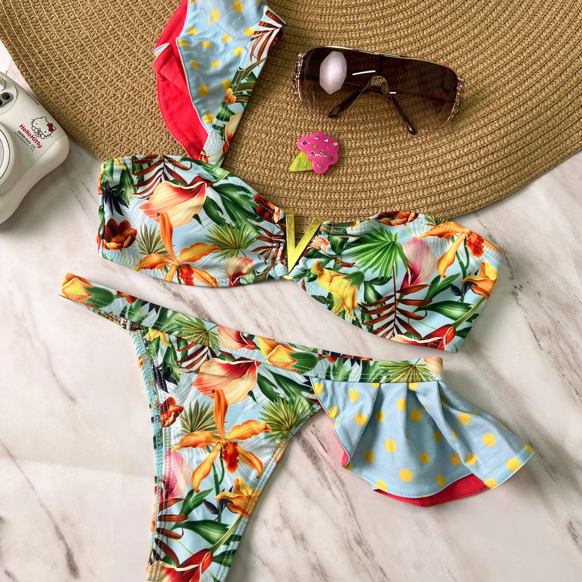 Blue Tropical One Shoulder Ruffle Bikini Set