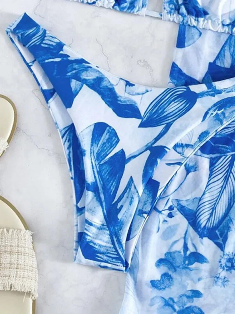 Botanical Print Ruffled Three-Piece Bikini Set