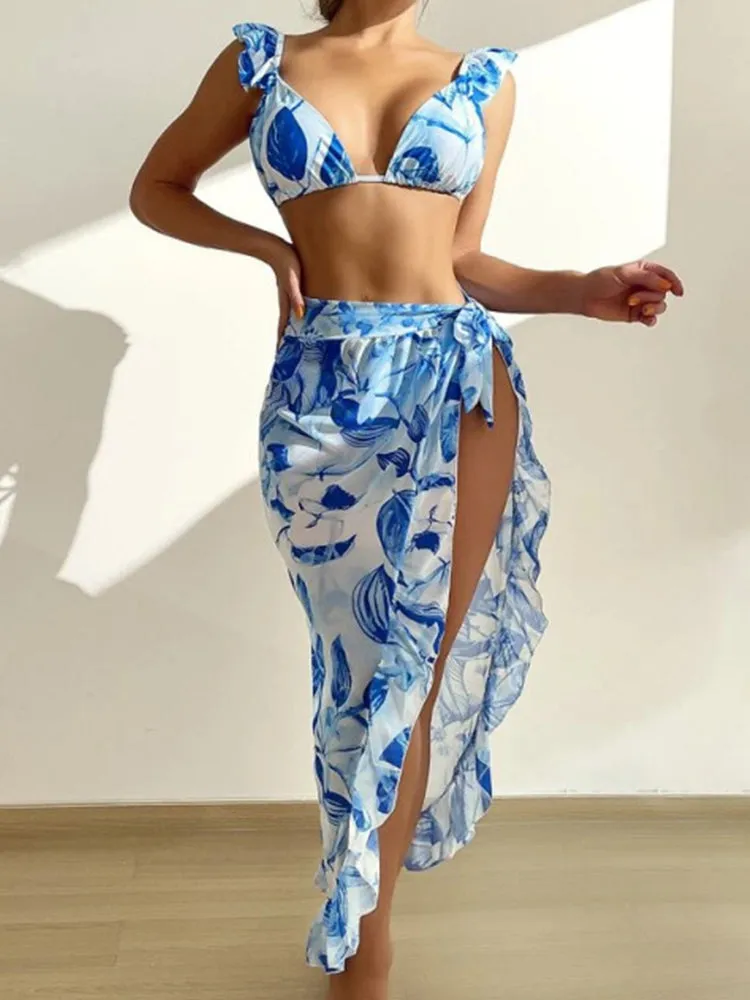 Botanical Print Ruffled Three-Piece Bikini Set
