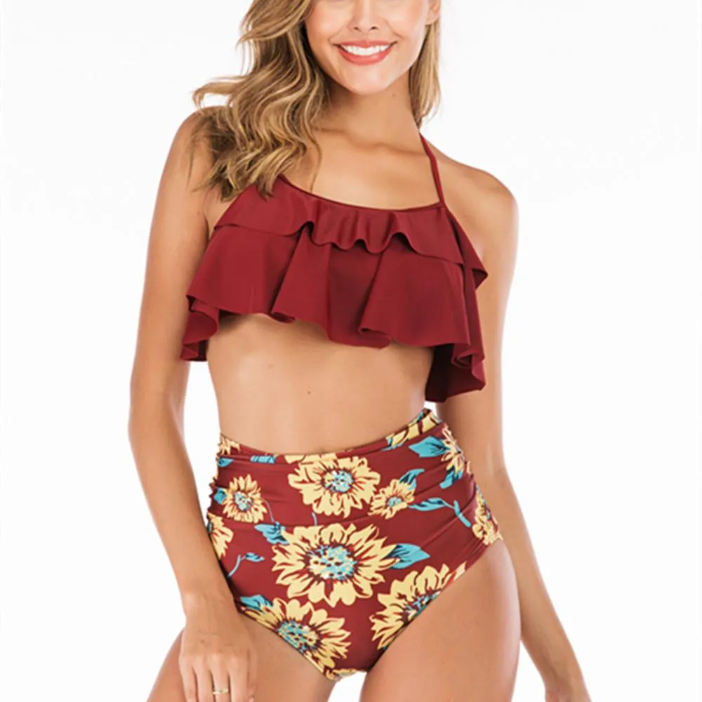 Explosive ruffled bikini European and American high waist swimsuit