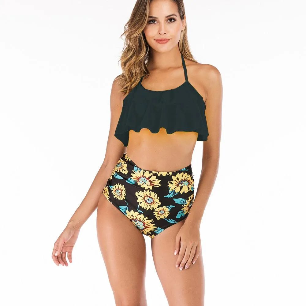 Explosive ruffled bikini European and American high waist swimsuit