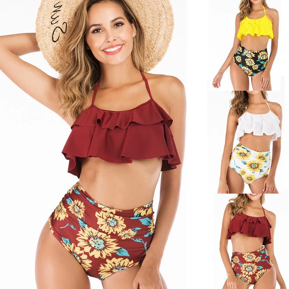 Explosive ruffled bikini European and American high waist swimsuit