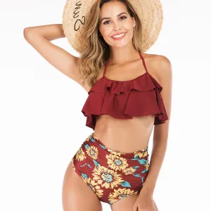 Explosive ruffled bikini European and American high waist swimsuit