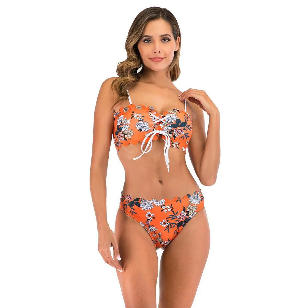 Explosive ruffled bikini print swimsuit
