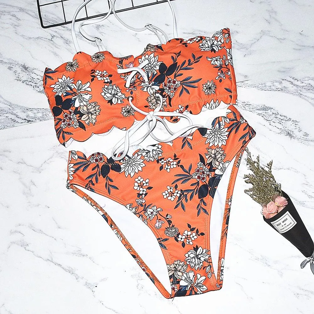 Explosive ruffled bikini print swimsuit