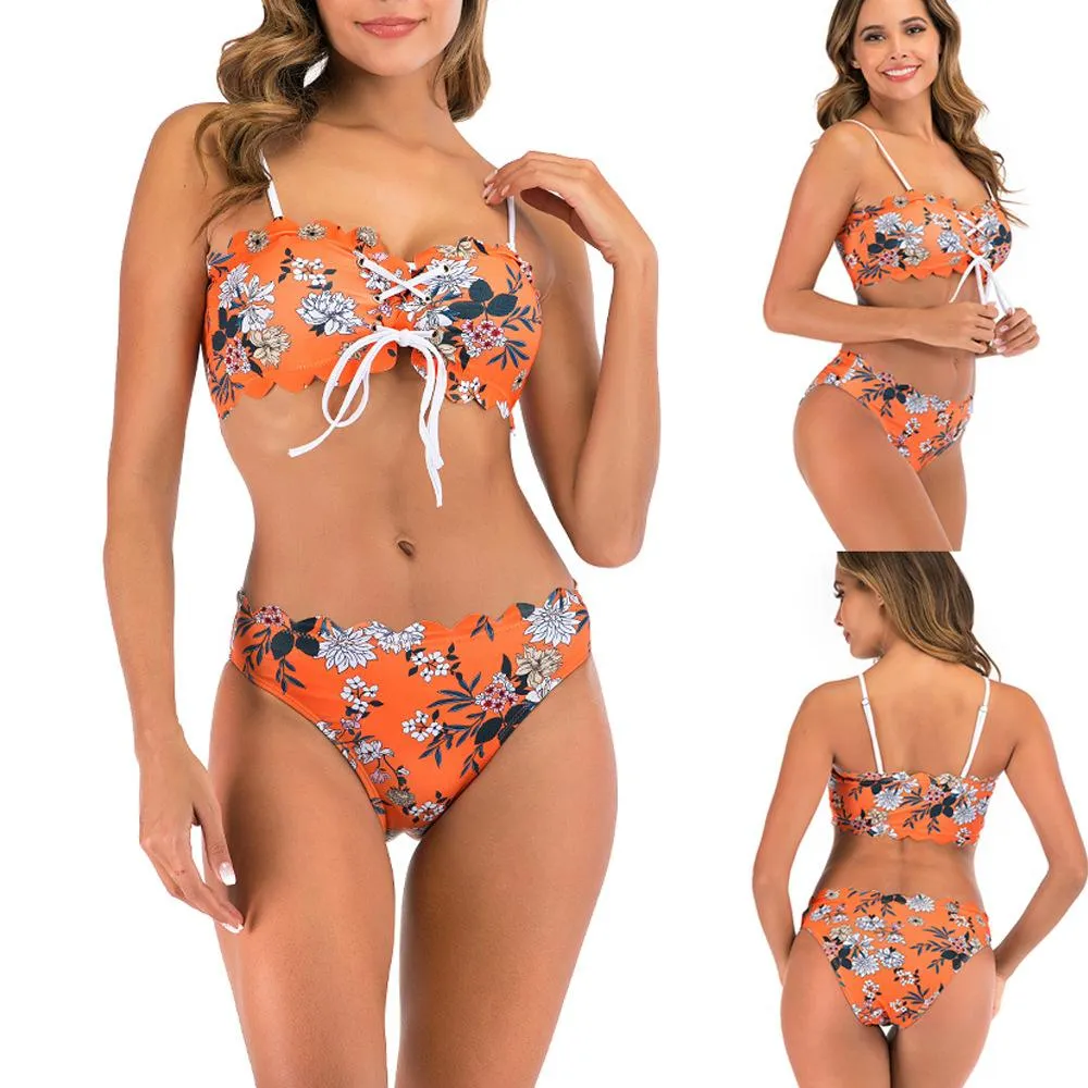 Explosive ruffled bikini print swimsuit