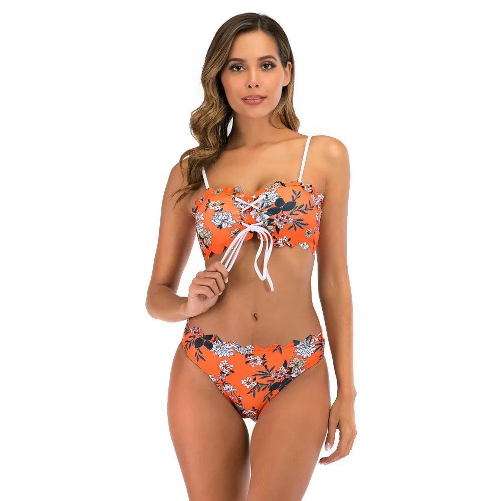 Explosive ruffled bikini print swimsuit