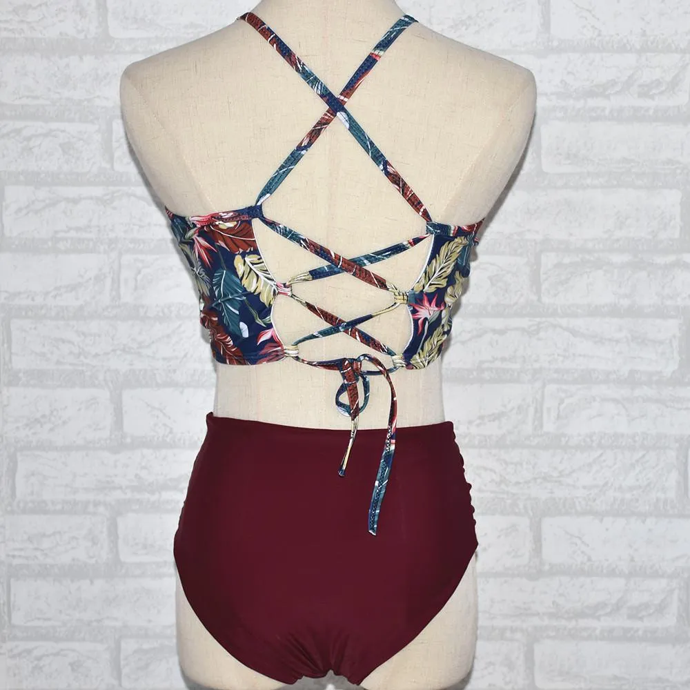Explosive split strap high waist bikini sexy backless swimsuit