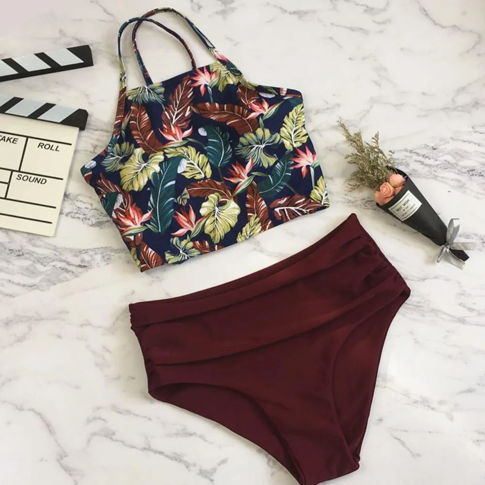 Explosive split strap high waist bikini sexy backless swimsuit