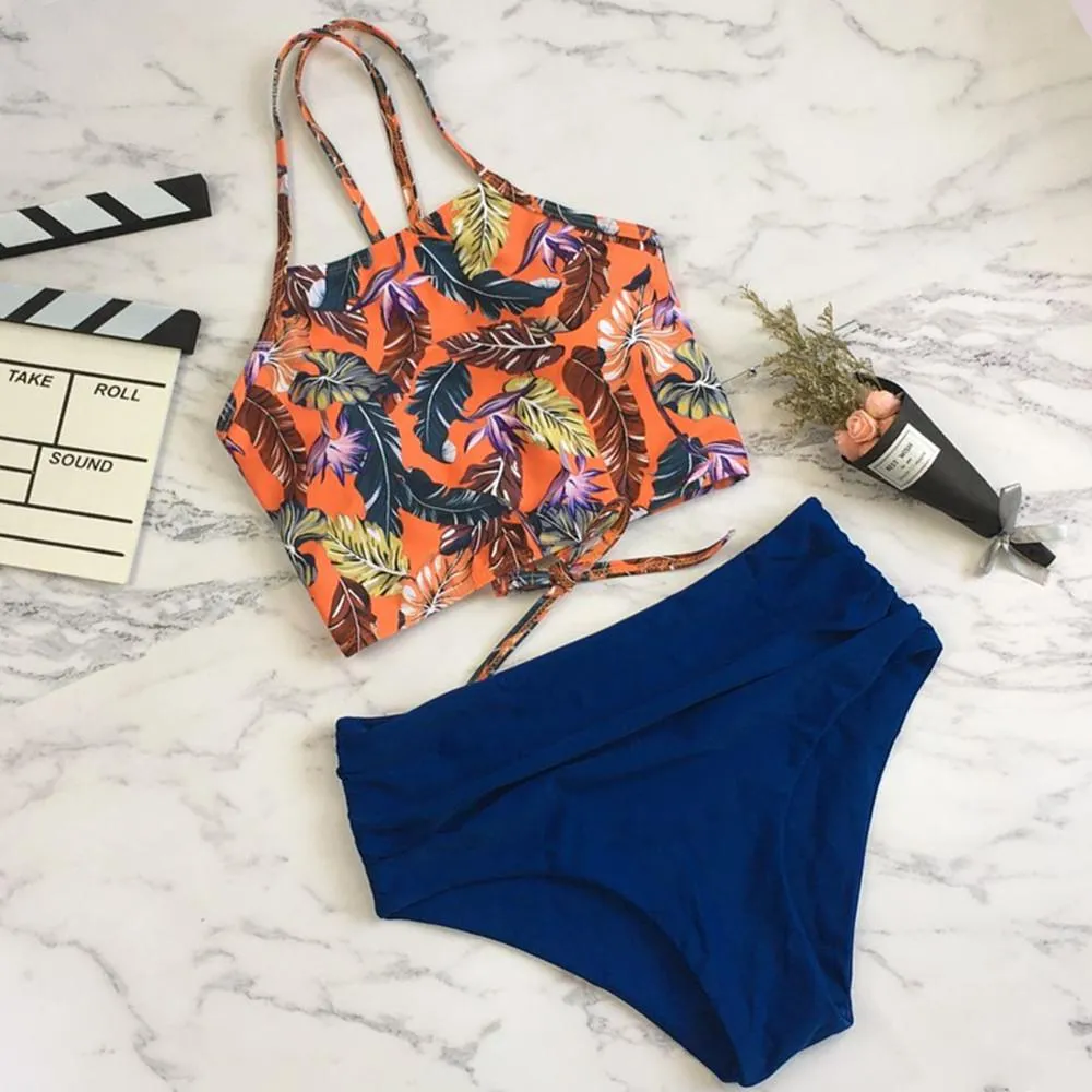 Explosive split strap high waist bikini sexy backless swimsuit
