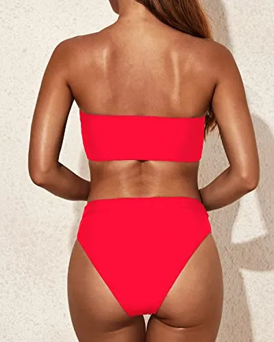 Flattering High Cut Bathing Suits Women Two Piece Bandeau Swimsuit-Neon Red