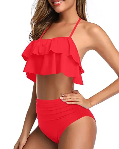 Flattering Ruffle Halter Bikini Set Tummy Control Bottoms For Teen Girls-Neon Red