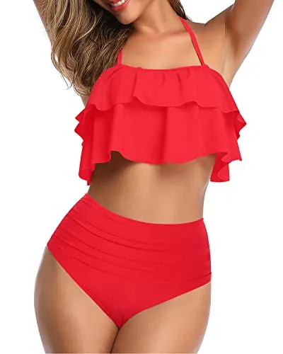 Flattering Ruffle Halter Bikini Set Tummy Control Bottoms For Teen Girls-Neon Red