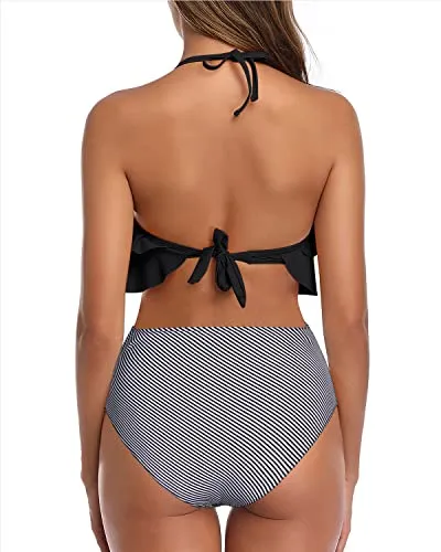 Flattering Ruffle Halter Bikini Set Tummy Control Bottoms For Women-Black Stripe