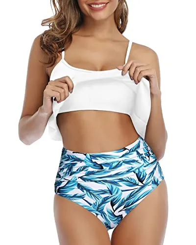 Flirty Ruffle High Waisted Ruched Women's 2 Piece Bikini Set-White Leaf