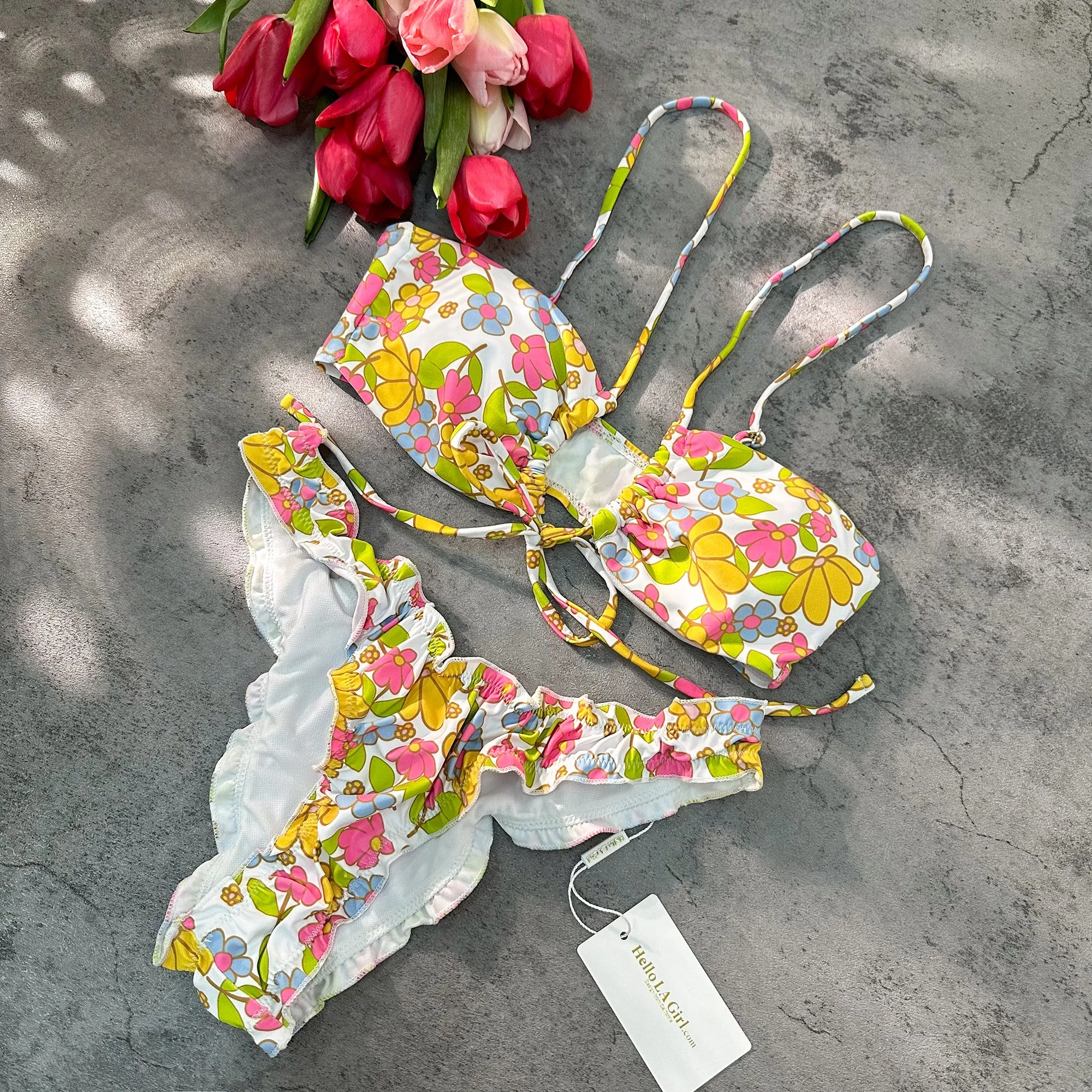 Floral Print Ruched Tie Front Bikini Set