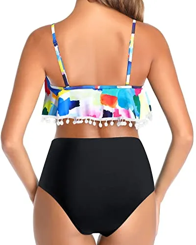 Flounce Two Piece Bikini Scoop Neckline Ruffle Swimsuit For Women-Color Block
