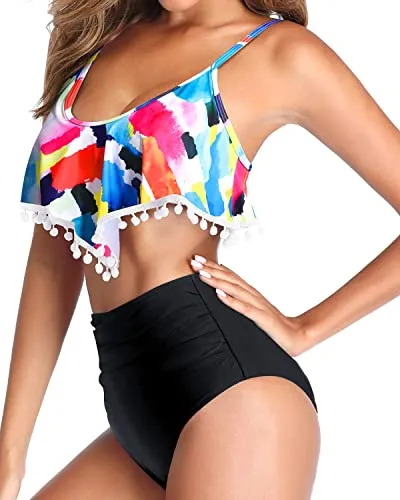 Flounce Two Piece Bikini Scoop Neckline Ruffle Swimsuit For Women-Color Block