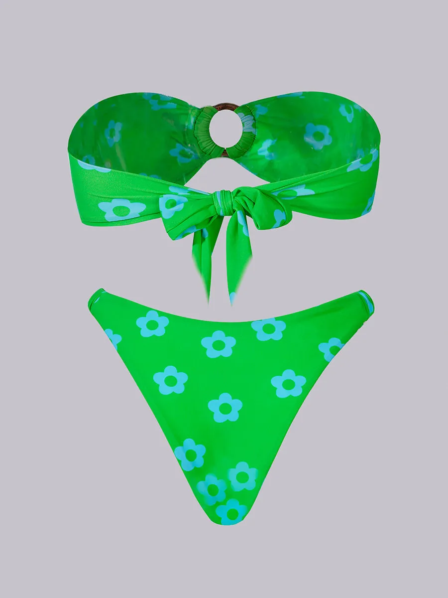 Green Floral Print Double layer Bikini Set