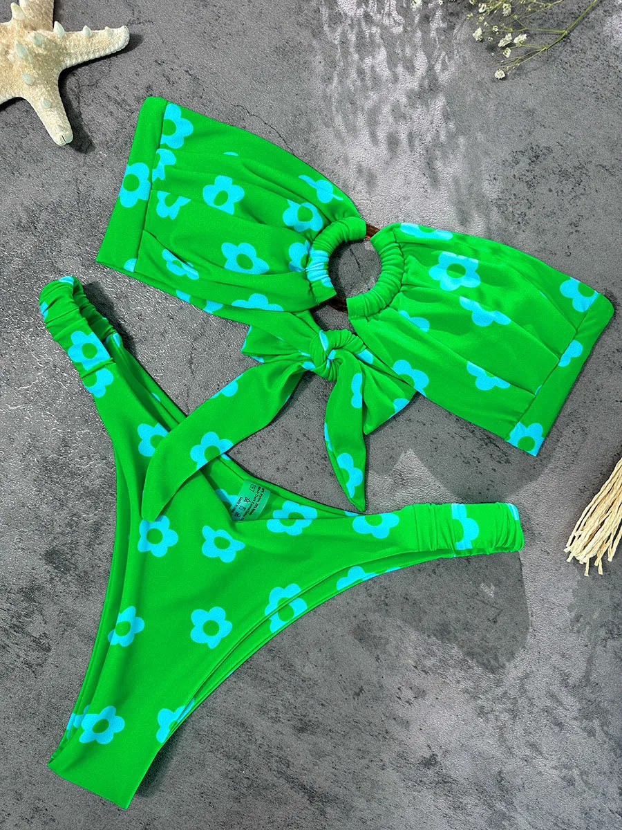 Green Floral Print Double layer Bikini Set