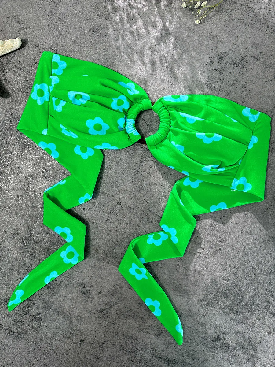 Green Floral Print Double layer Bikini Set