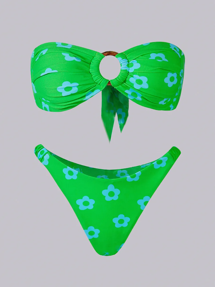 Green Floral Print Double layer Bikini Set