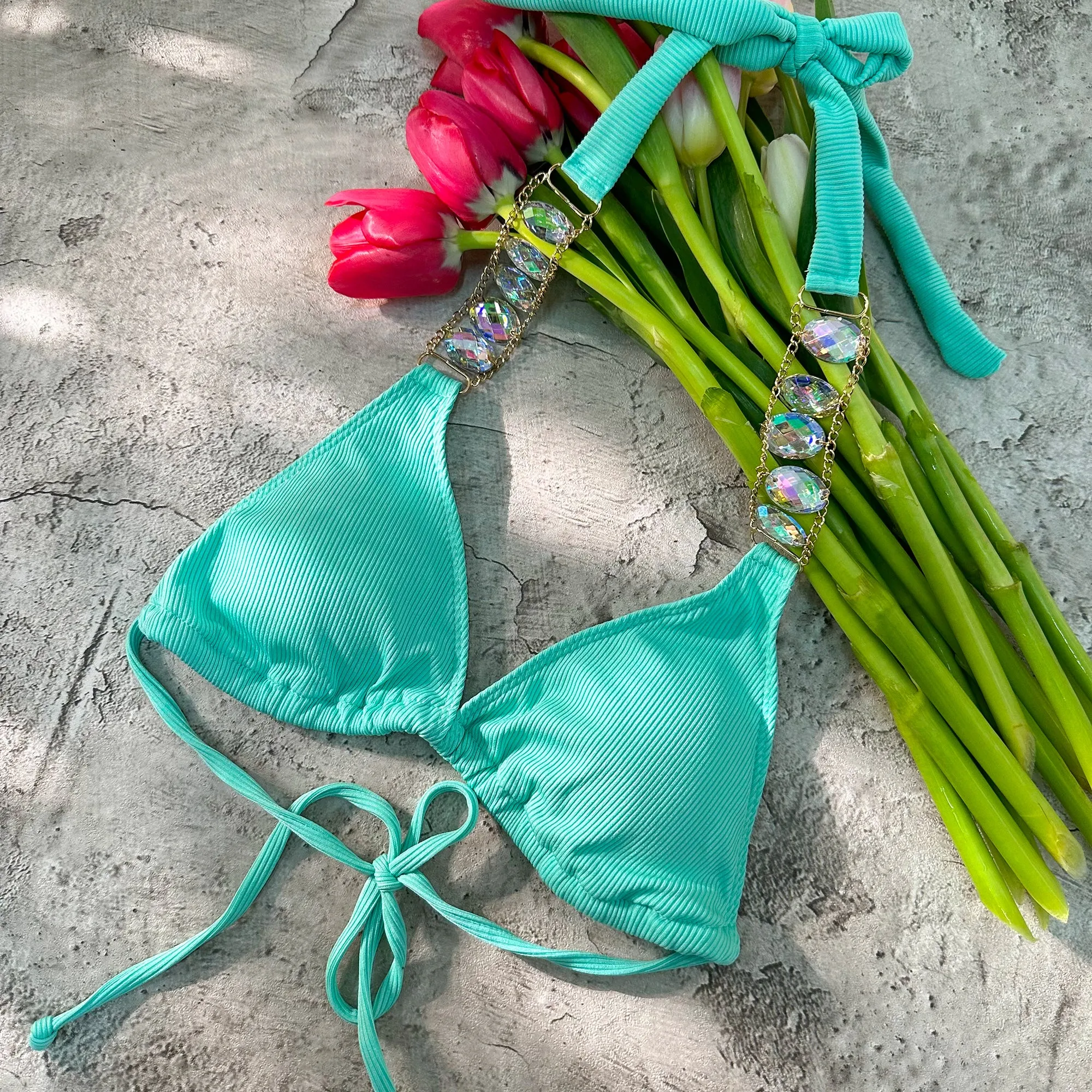 Green Split Strap Luxury Diamond Metal Chain Accessories Bikini Set