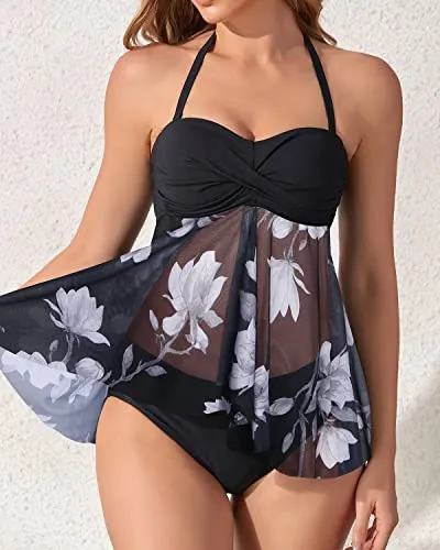 Halter Flyaway Tankini Set For Women Mid Rise Bikini Bottom-Black