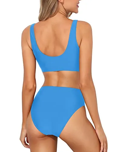 Hides Your Tummy Two Piece Scoop Neck Bikini For Long Torso-Blue