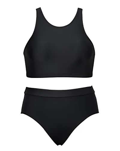 High Neck Crop Top Bikini Set 2 Piece Bathing Suits For Teen Girls-Black